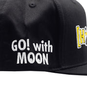 Hoonigan x Mooneyes MOON BAR Snapback Hat in black with white logo and yellow accents.