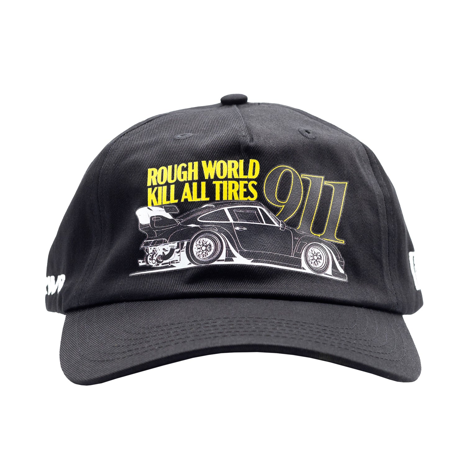 Hoonigan x RWB ROUGH WORLD KILL ALL TIRES unstructured strapback hat in black with embroidered graphics.