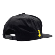 Hoonigan x Mooneyes SO CAL snapback hat featuring a black base with vibrant yellow and white graphics, adjustable back, and flat brim.