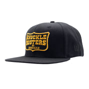 Hoonigan Belt Sander Snapback Hat featuring a black and orange design with bold graphics.