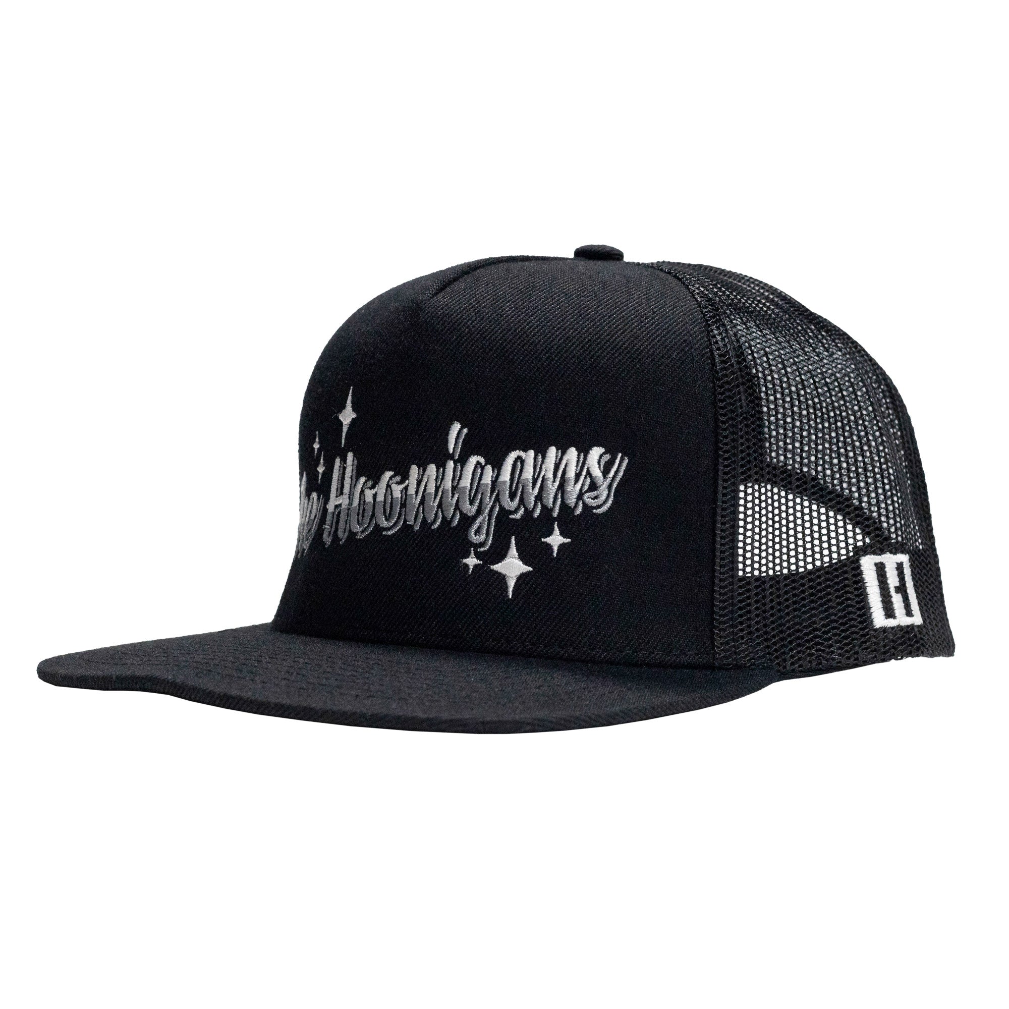 Black trucker hat with "The Hoonigans" embroidered in white, mesh back, and adjustable snapback closure.