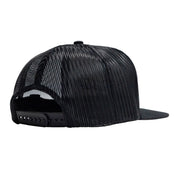 Back of black mesh snapback trucker hat adjustable strap, and flat brim.