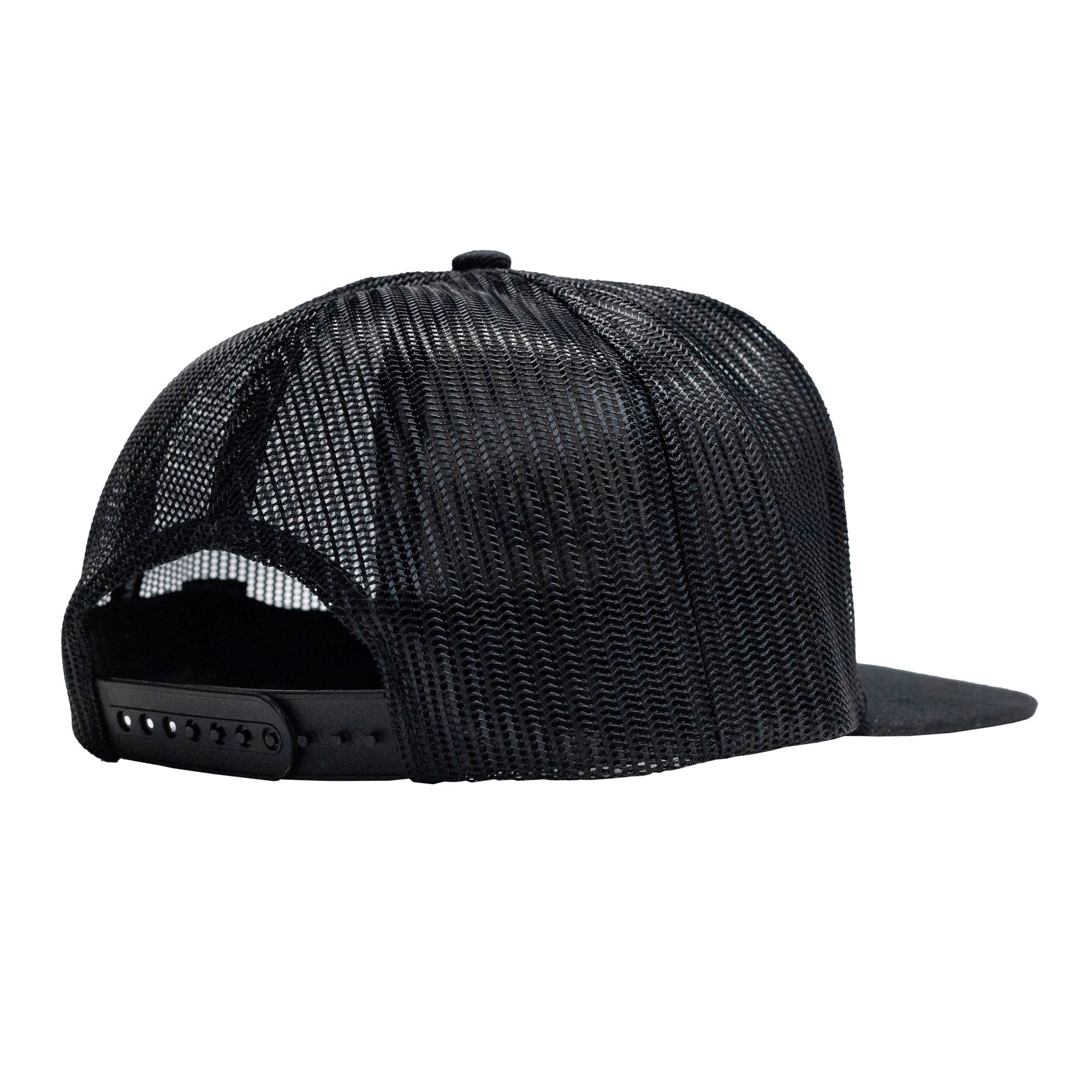 Back of black mesh snapback trucker hat adjustable strap, and flat brim.