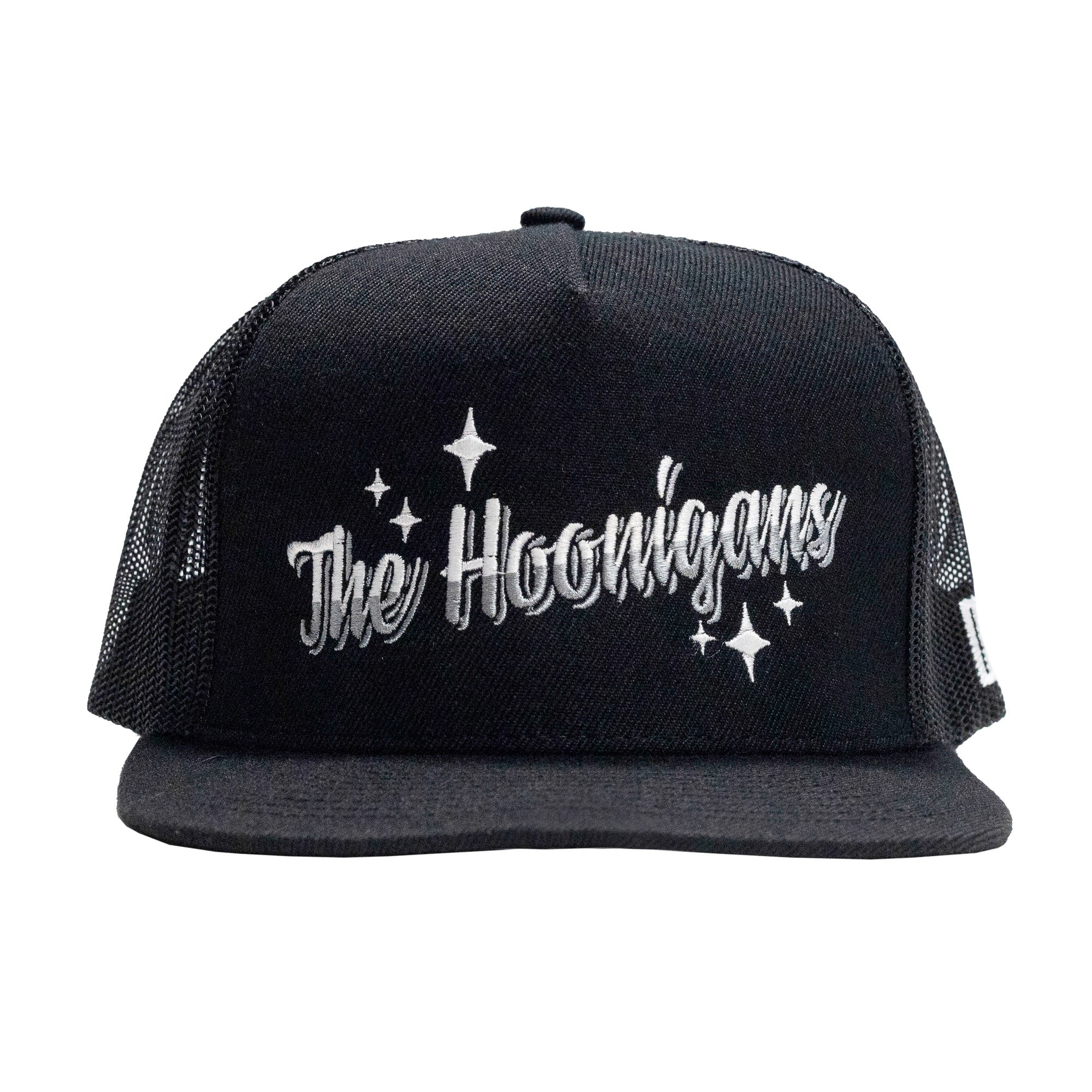 Black trucker hat with "The Hoonigans" embroidered in gray, featuring stars and a curved brim.
