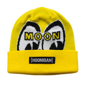Hoonigan x Mooneyes LQQK Beanie in black with yellow and white logo detailing.