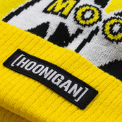Hoonigan x Mooneyes LQQK Beanie in black with white logo and graphic design.