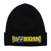 Hoonigan x Mooneyes MOON BAR Beanie featuring a black and yellow design with embroidered logos.