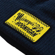 Hoonigan x Mooneyes MOONIGANS beanie in black with white logo embroidery, featuring a classic knitted design.