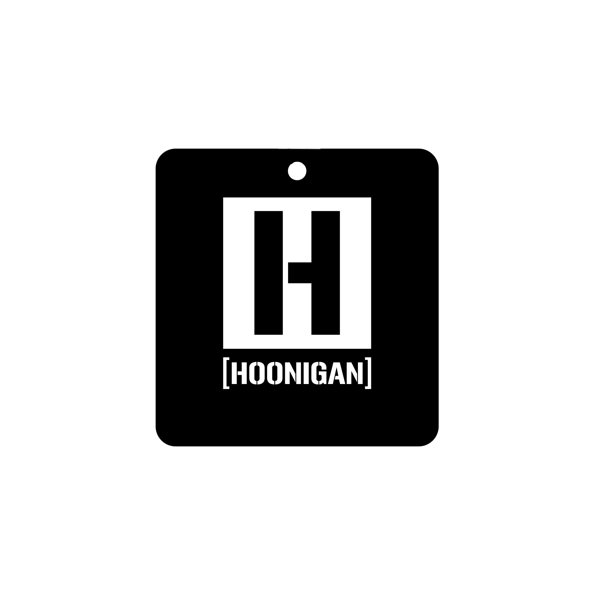 Hoonigan X Mobil1 air freshener featuring a bold black design with the Hoonigan logo for automotive enthusiasts.