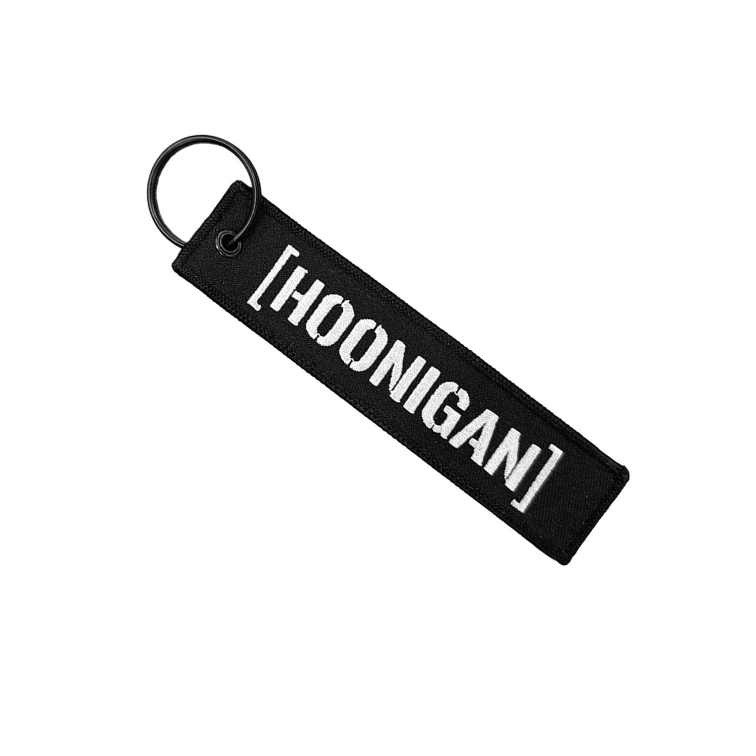 Hoonigan CENSOR BAR Jet Tag Keychain featuring a black fabric design with bold white text and a metal keyring attachment.