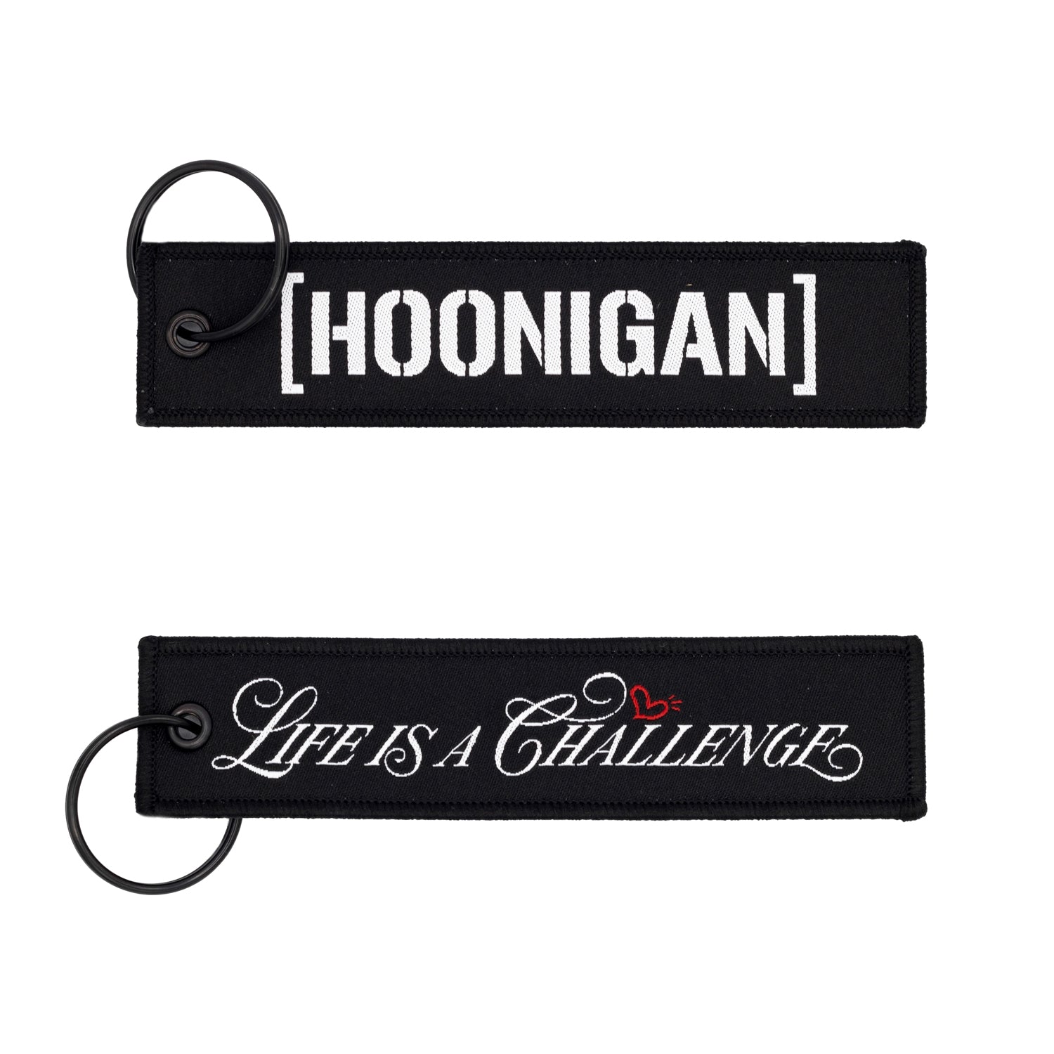 Hoonigan x Sayaka LIFE IS A CHALLENGE Jet Tag Keychain featuring a vibrant design and durable fabric.