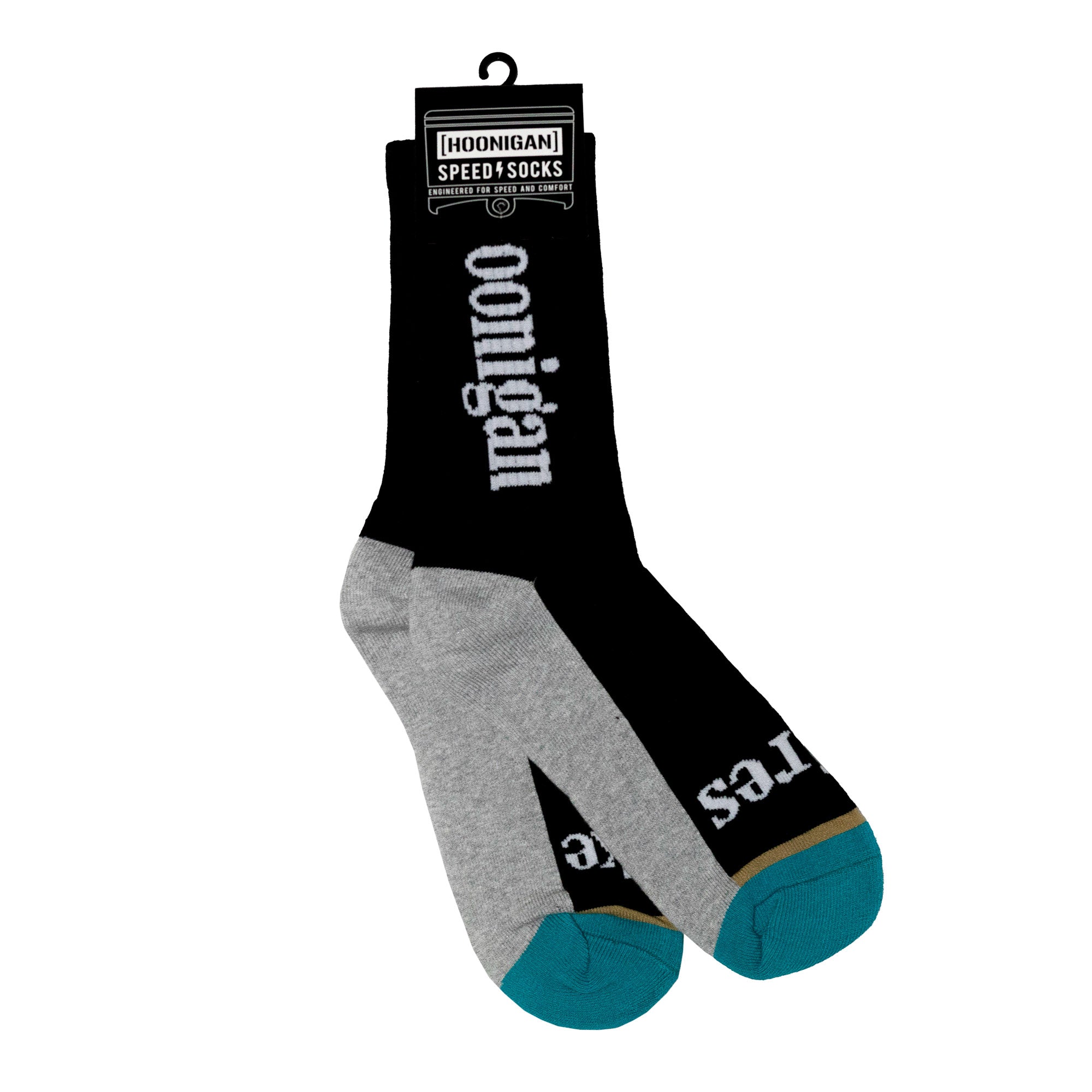 Hoonigan Burnout Team socks featuring a bold design with black, gray, and teal colors, perfect for motorsport enthusiasts.