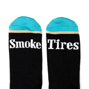 Hoonigan BURNOUT TEAM Socks featuring "Smoke Tires" text in bold white on a black background with turquoise accents.