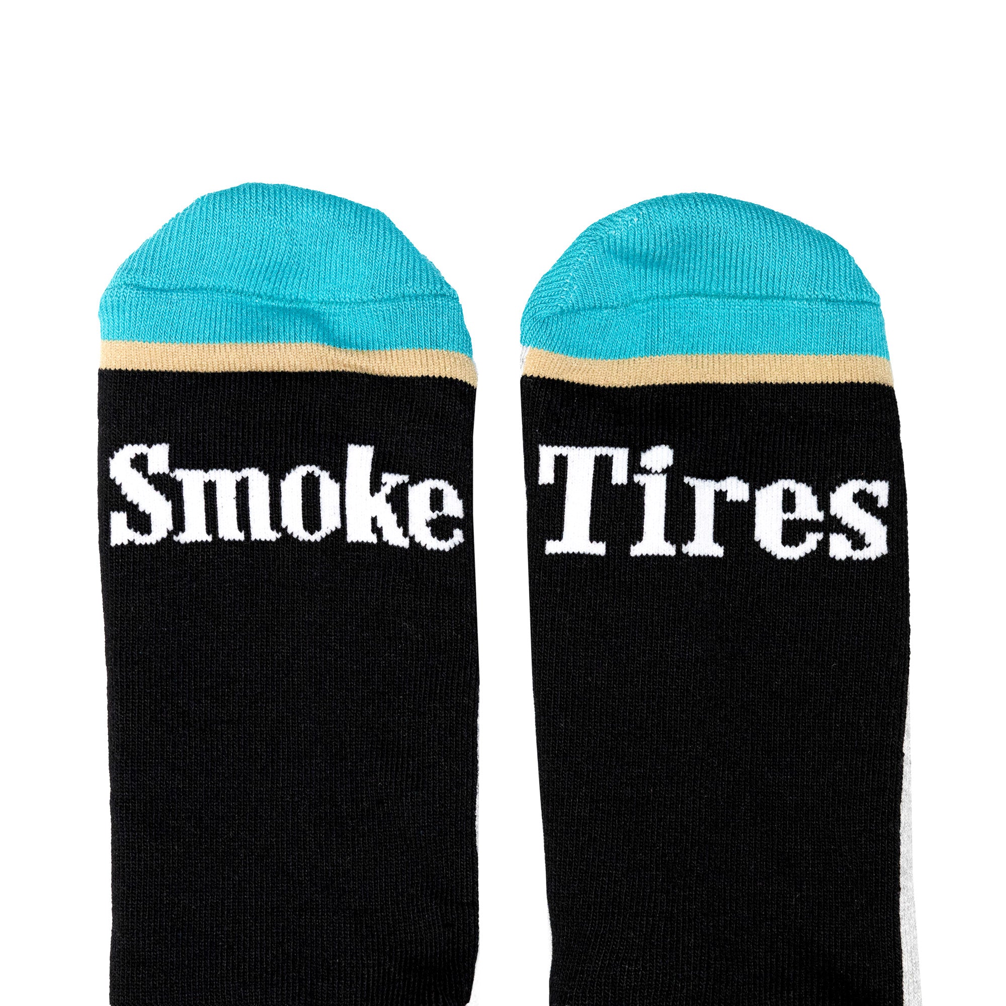 Hoonigan BURNOUT TEAM Socks featuring "Smoke Tires" text in bold white on a black background with turquoise accents.