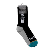 Black and gray Hoonigan BURNOUT TEAM socks featuring bold white lettering and colorful accents for motorsport enthusiasts.