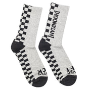 Hoonigan NEVER LIFT socks featuring a navy blue design with white lettering.
