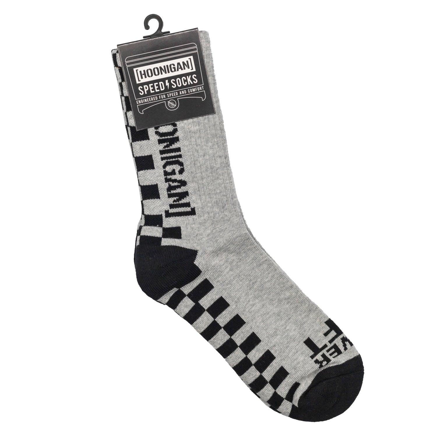 Hoonigan NEVER LIFT navy blue socks featuring bold white text and logo design.