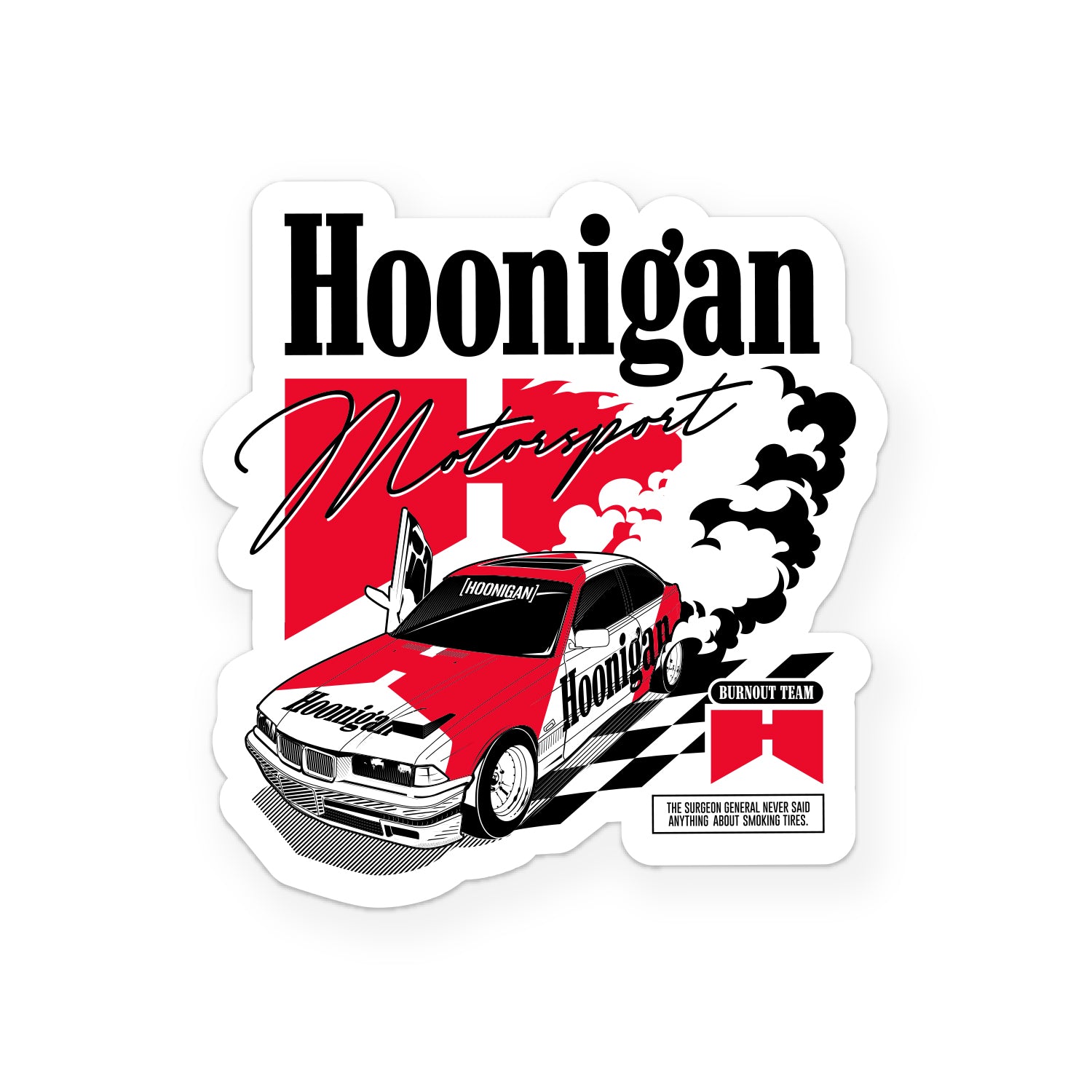 Hoonigan BURNOUT TEAM 4-inch sticker featuring bold typography and tire smoke graphics.