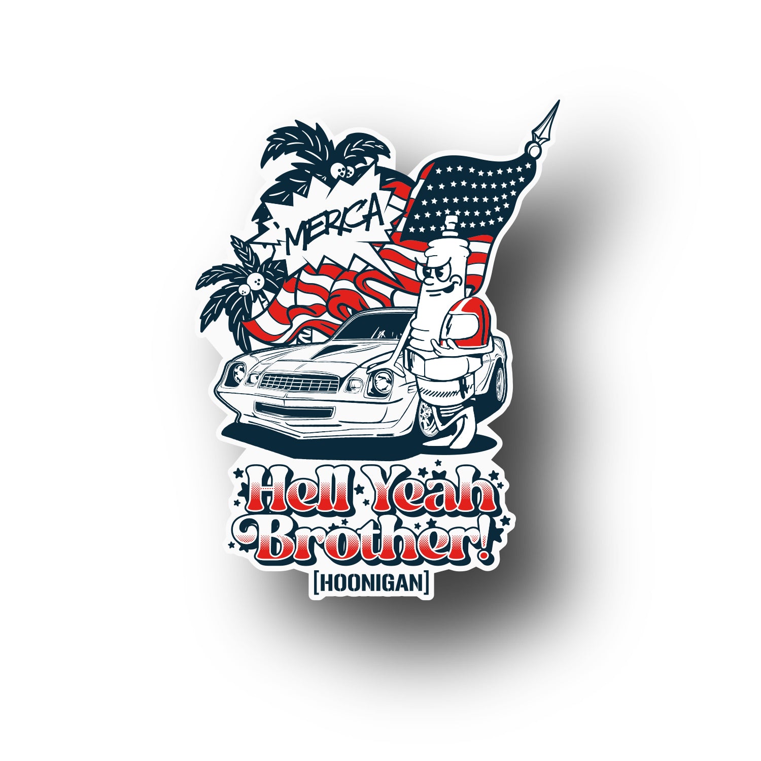 Hoonigan 'MERICA sticker featuring a bold American flag design, measuring 4.7 inches.