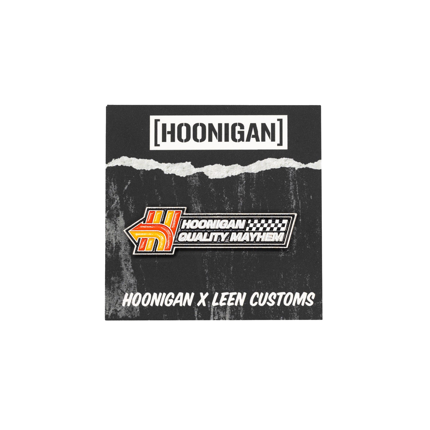 Hoonigan x Leen Customs HNX collectible pin featuring a vibrant design with automotive-themed graphics.