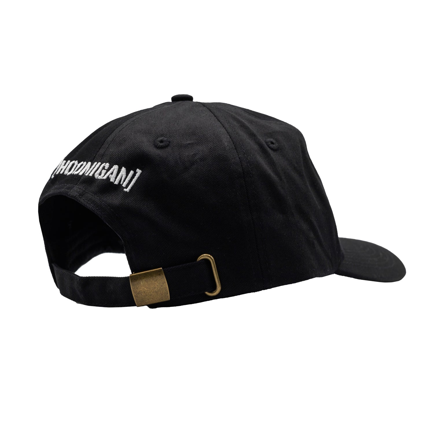 Hoonigan MAYHEM unstructured strapback hat in black with white logo on the front.