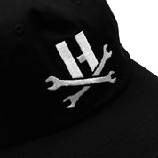 Hoonigan MAYHEM unstructured strapback hat with a black and white design and embroidered logo.