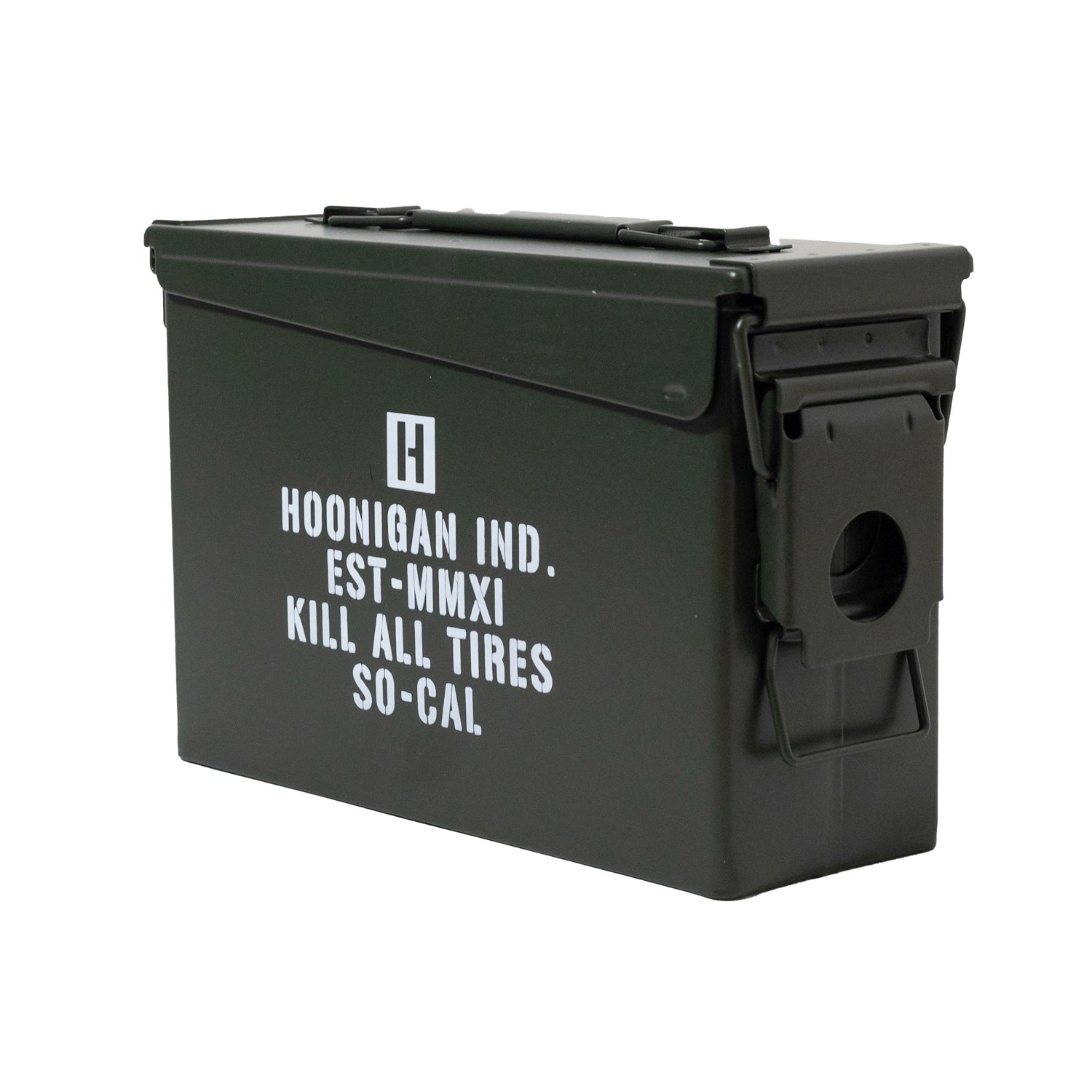 Hoonigan AMMO Box with a vibrant design featuring the Hoonigan logo and colorful graphics, designed for storing automotive supplies.