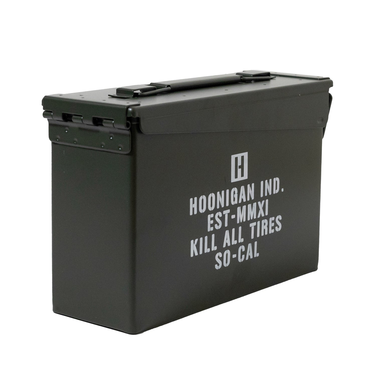 Hoonigan AMMO Box with a rugged design featuring a Hoonigan logo, multiple compartments, and secure latch for storage.