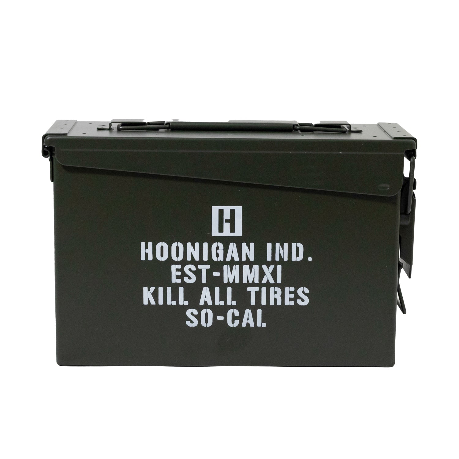 Hoonigan AMMO Box with graphic logo design, featuring a durable metal construction and a secure latch.