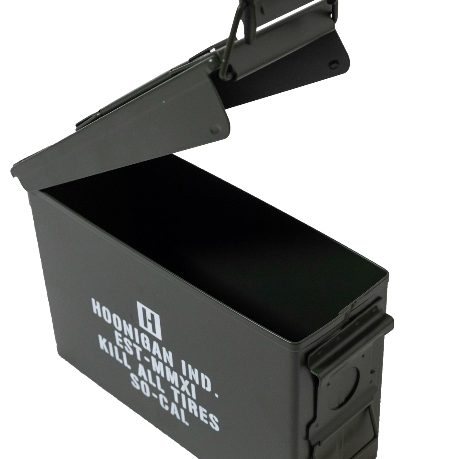 Hoonigan AMMO Box featuring a rugged design with a black exterior and Hoonigan branding, ideal for storing tools and equipment.