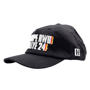 Hoonigan x RWB GROUPE RALLYE '24 Unstructured Strapback Hat featuring a black base, embroidered logo, and adjustable strap.