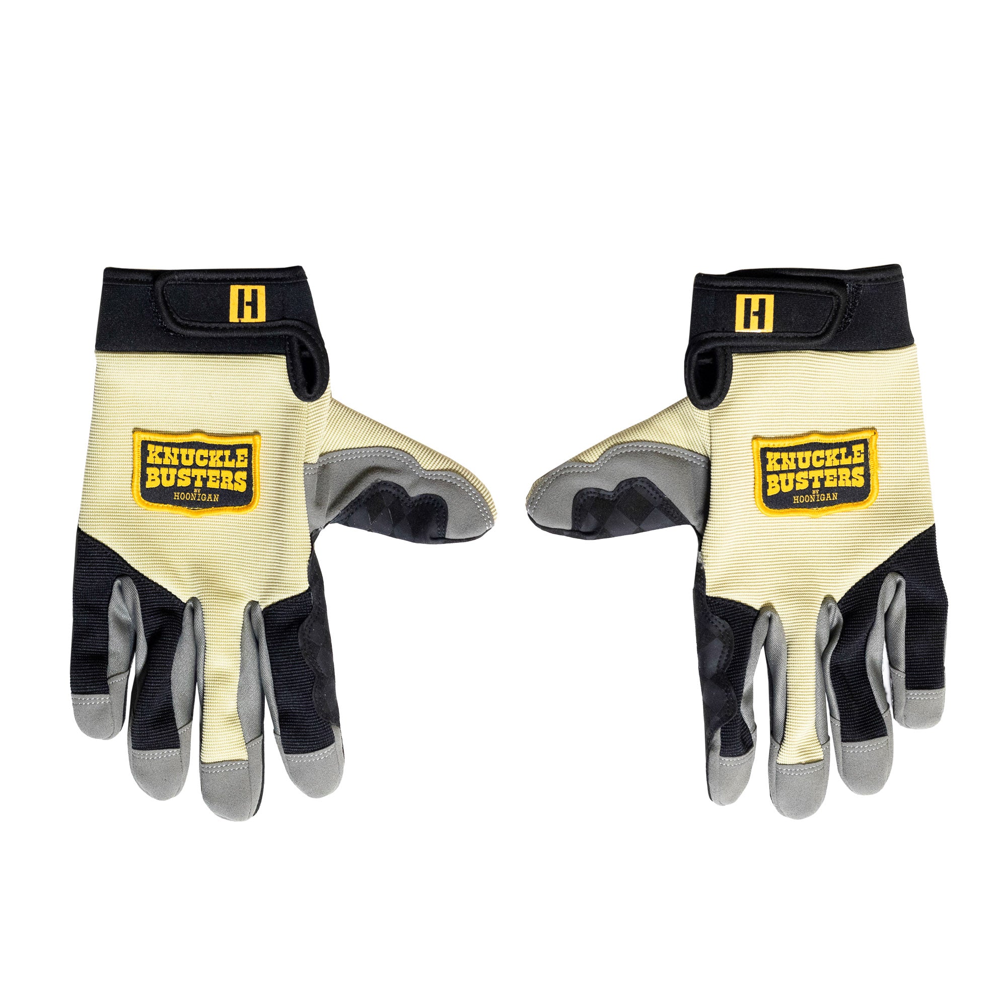 Hoonigan KNUCKLEBUSTERS black gloves with white logo, designed for automotive enthusiasts.
