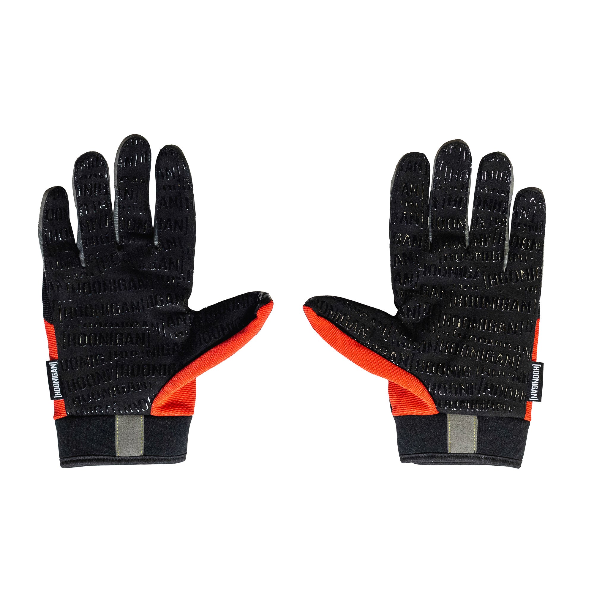 Hoonigan Surgeon General gloves featuring a sleek black design with bold white graphics and a custom logo.