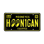 Hoonigan x Mooneyes EQUIPPED license plate featuring bold yellow text on a black background, ideal for car enthusiasts.