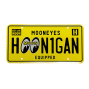 Hoonigan x Mooneyes EQUIPPED license plate featuring a vibrant yellow design and bold lettering for automotive enthusiasts.
