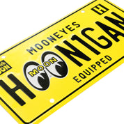 Hoonigan x Mooneyes EQUIPPED license plate featuring bold black lettering on a vibrant yellow background.