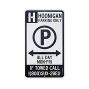 Hoonigan PARKING ONLY sign with bold black lettering on a yellow background and a graphic logo, ideal for automotive enthusiasts.