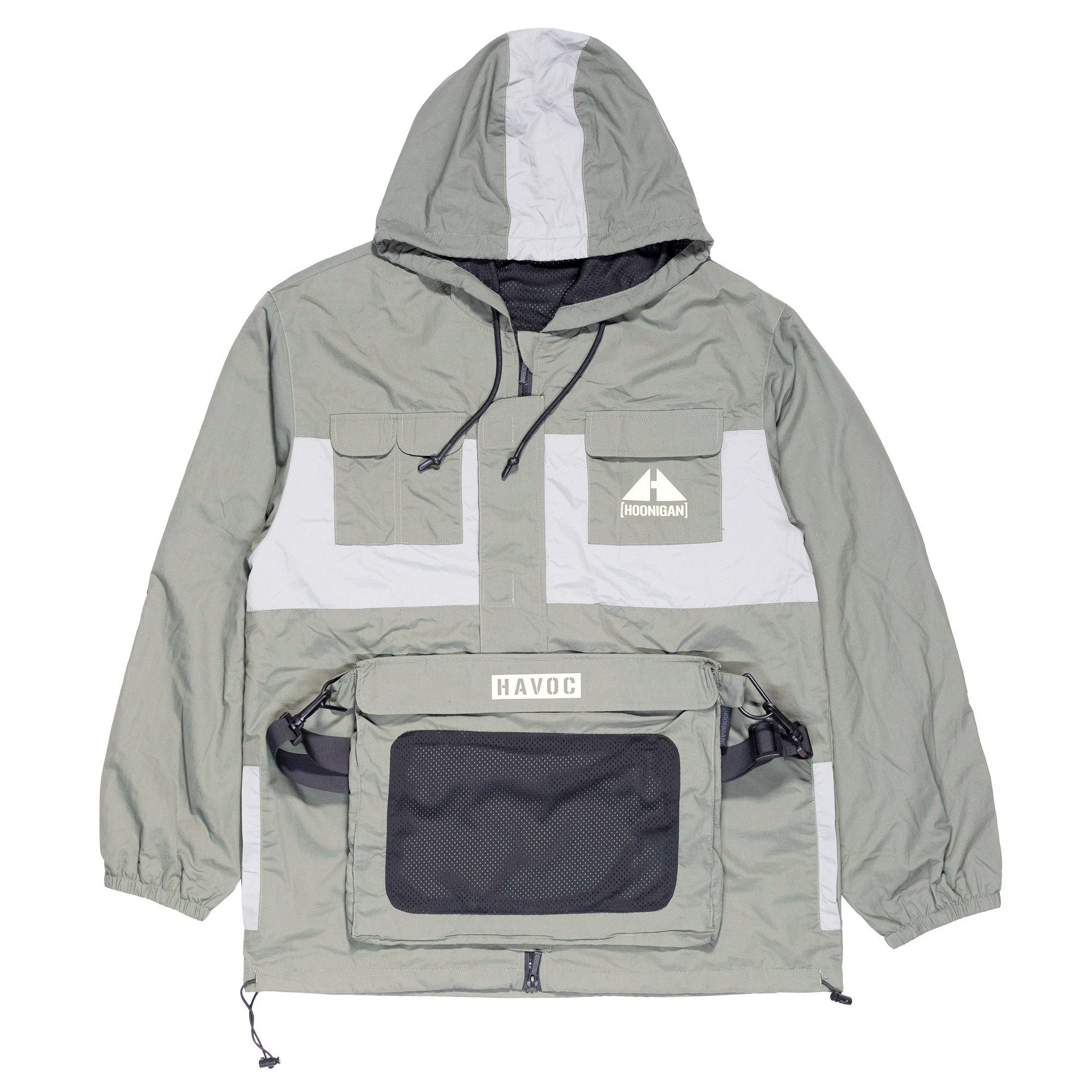 Hoonigan H.A.V.O.C. rain-activated windbreaker jacket with hood, multiple pockets, and adjustable drawstrings, designed for weather protection.