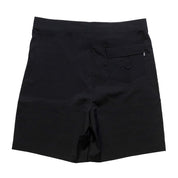 Hoonigan OIL SLICK Board Shorts featuring a sleek black design and a back pocket for convenience. Ideal for summer activities.
