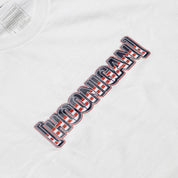 White short sleeve T-shirt with a bold "Hoonigan" logo printed vertically in black, red, and white across the front.