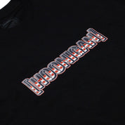 Black Hoonigan BRACKET USA short sleeve T-shirt with bold embroidered logo in red, white, and black on the front.