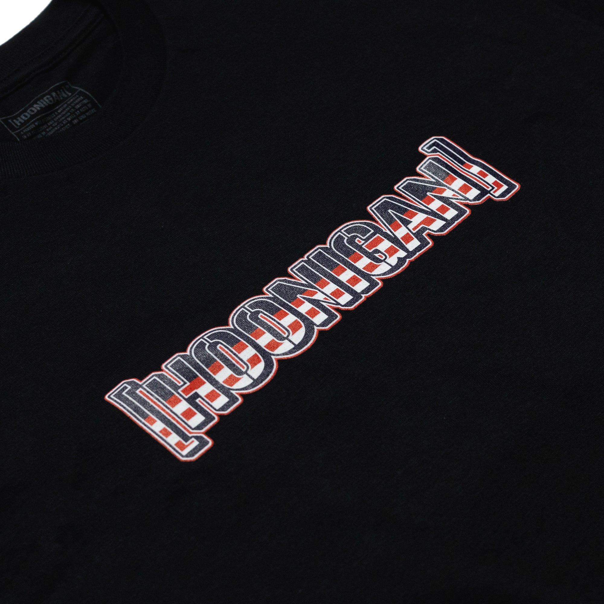 Black Hoonigan BRACKET USA short sleeve T-shirt with bold embroidered logo in red, white, and black on the front.