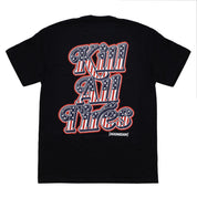 Black Hoonigan KILL ALL TIRES USA short sleeve T-shirt with bold graphic text and star pattern design on the back.