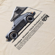 Hoonigan SAFARI short sleeve tee featuring a graphic of a vehicle with a tent, along with descriptive text about adventure and overlanding.