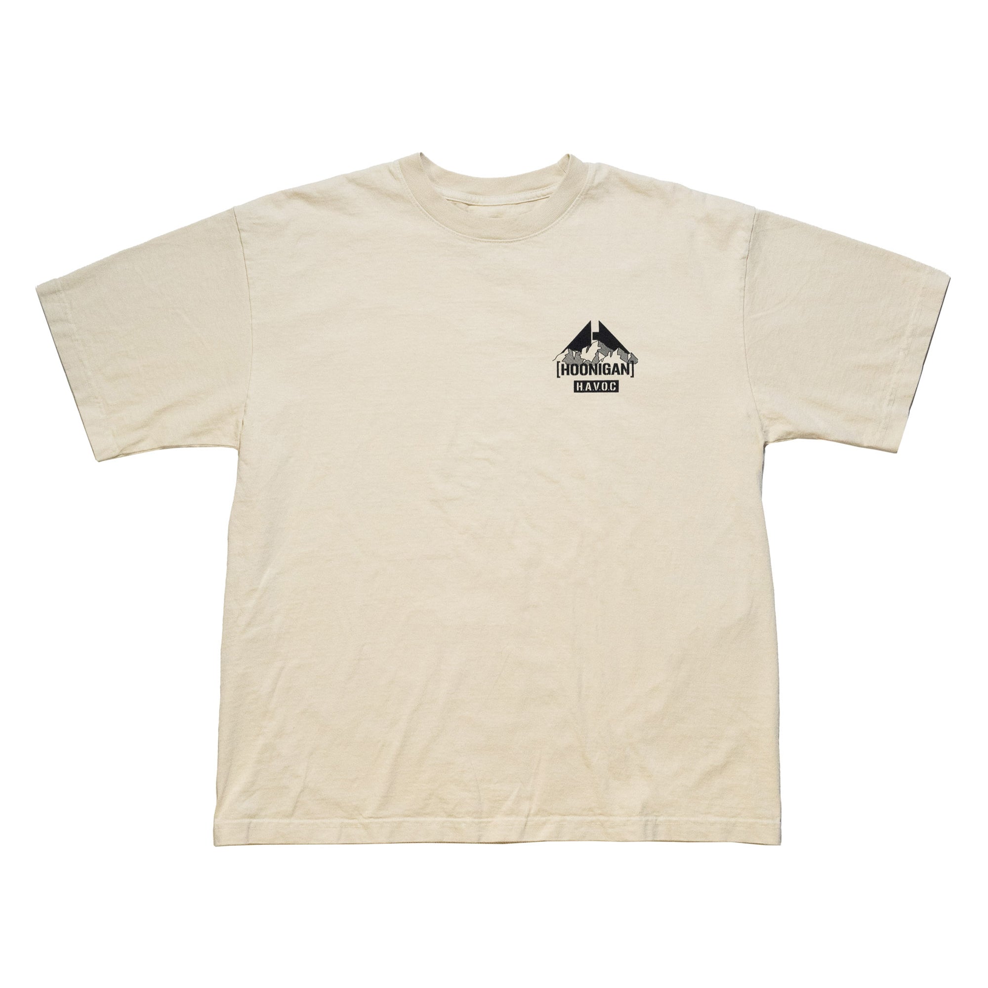 Beige Hoonigan SAFARI short sleeve T-shirt with black graphic logo and text on the front left chest.