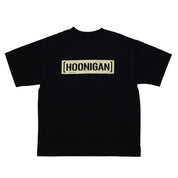 Black Hoonigan graphic T-shirt with "HOONIGAN" text inside a rectangular border on the front.