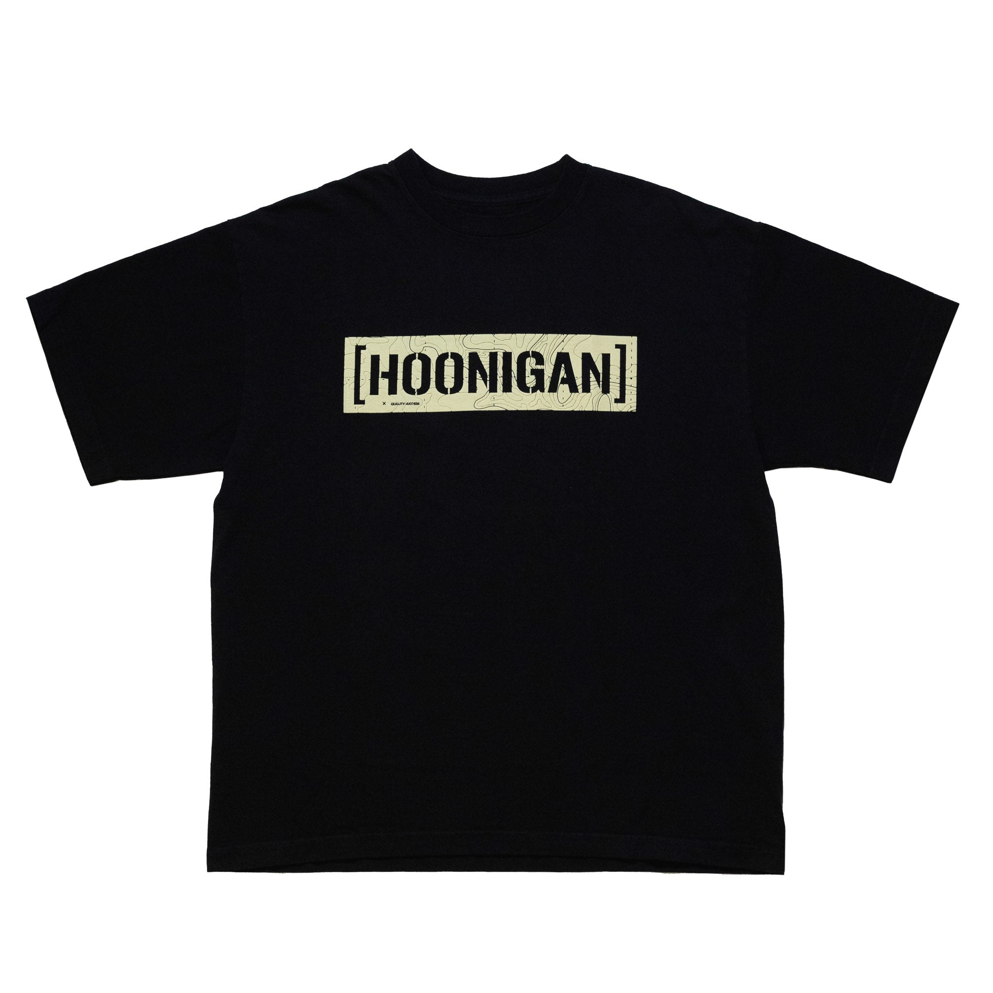 Black Hoonigan graphic T-shirt with "HOONIGAN" text inside a rectangular border on the front.
