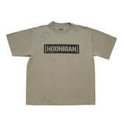 Beige short-sleeve T-shirt featuring a black "[HOONIGAN]" graphic logo across the chest.