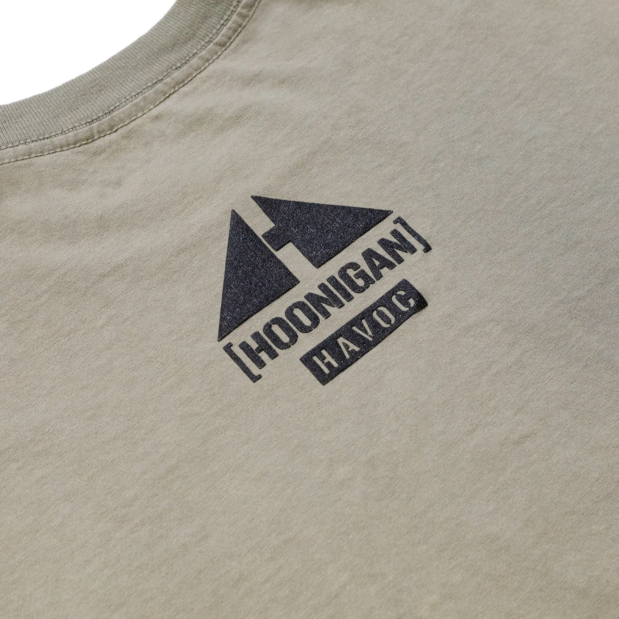 Beige Hoonigan T-shirt featuring a black geometric "Topographic Censor Bar" logo with "Hoonigan" text.