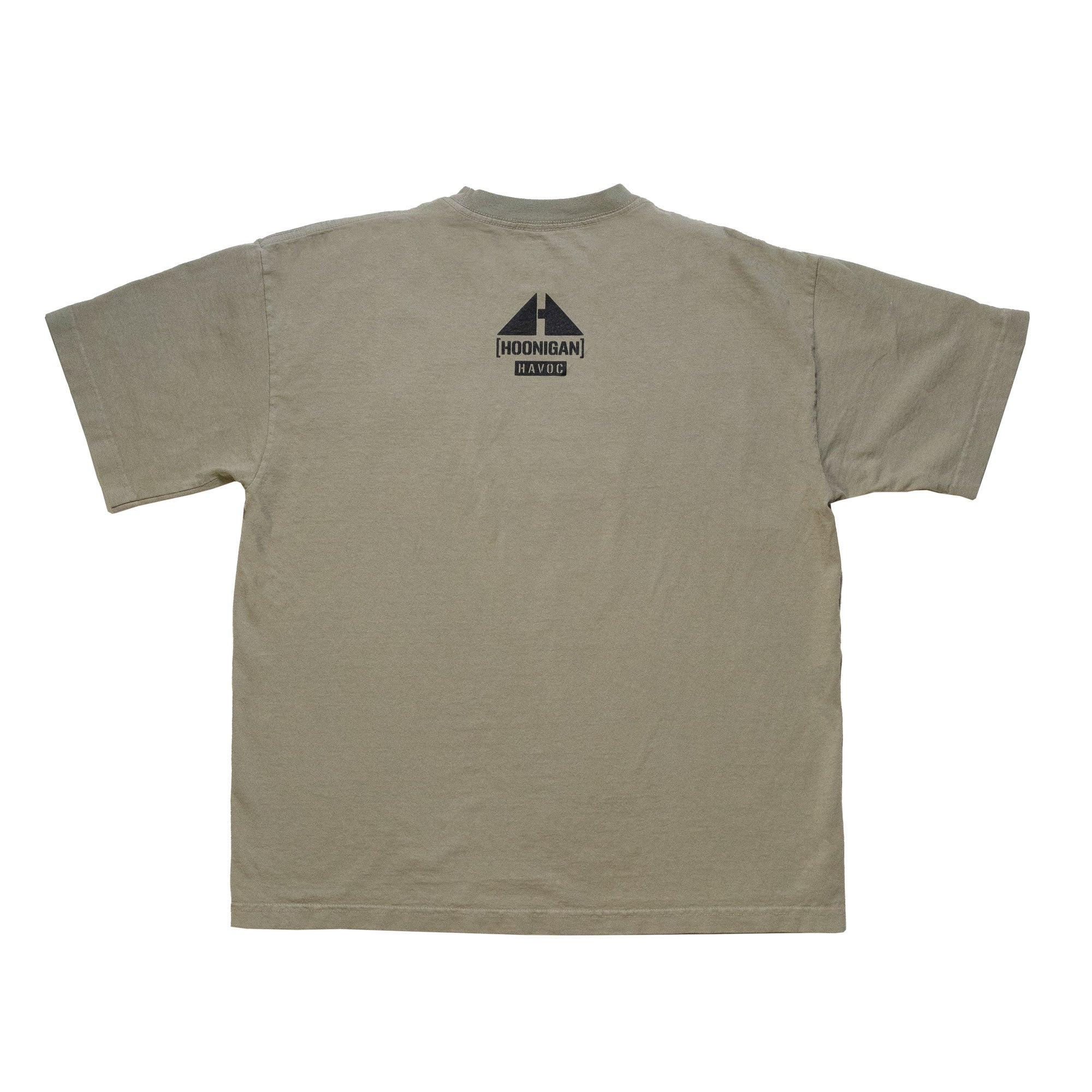 Back of beige Hoonigan TOPOGRAPHIC CENSOR BAR short sleeve t-shirt with black logo and text at the upper center.